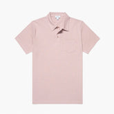 Front view of the Sunspel Riviera Polo Shirt Pale Pink highlighting the clean silhouette and soft pale-pink tone.