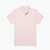 Front view of the Sunspel Riviera Polo Shirt Pastel Pink highlighting the clean silhouette and light pastel tone.
