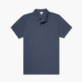Front view of the Sunspel Riviera Polo Shirt Slate Blue highlighting the clean tailored silhouette and muted slate-blue tone.