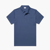 Front view of the Sunspel Riviera Polo Shirt Soft Denim highlighting the clean tailored silhouette and washed denim-inspired tone.