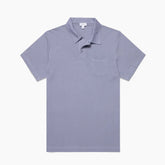 Front view of the Sunspel Riviera Polo Shirt Vintage Blue highlighting the clean tailored silhouette.