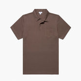 Front view of the Sunspel Riviera Polo Shirt Walnut highlighting the clean tailored silhouette and warm walnut tone.