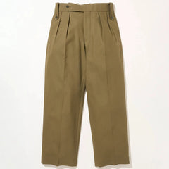 Full-length view of the Tangent TAN02 Henry Hard Twist Military Green trousers, showing the tailored silhouette and structured hard-twist fabric.
