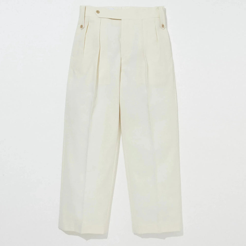 Full-length view of the Tangent TAN02 Henry Hard Twist Twill Off White trousers, showing the clean tailored silhouette and crisp twill drape.