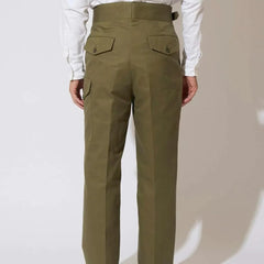 Rear view of the Tangent TAN12 Arthur Military Green trousers featuring the back pockets and smooth construction.