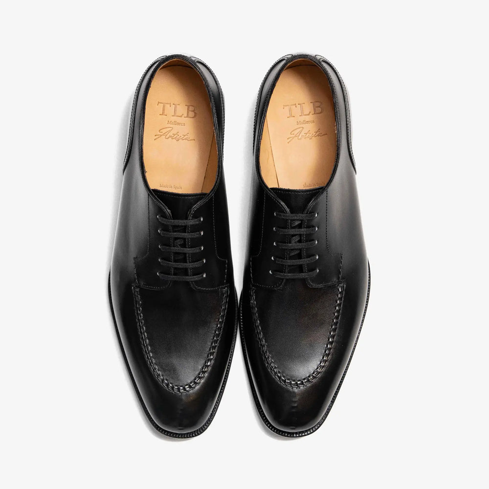 top view showing open lacing derby design of TLB Mallorca Velazquez Black Box Calf