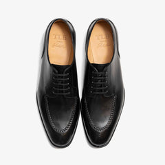 top view showing open lacing derby design of TLB Mallorca Velazquez Black Box Calf