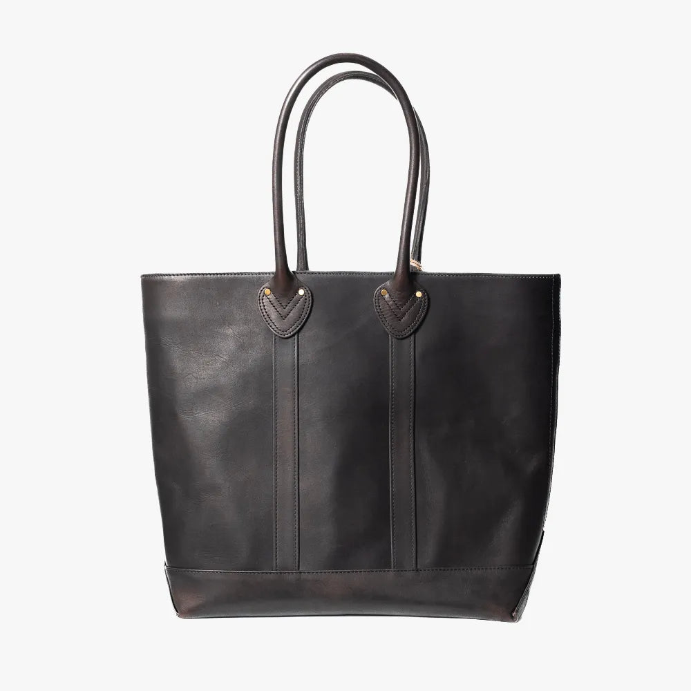 Front view of the Vasco x Refinement Leather Tote in black showing the structured silhouette, clean paneling, and premium leather finish.