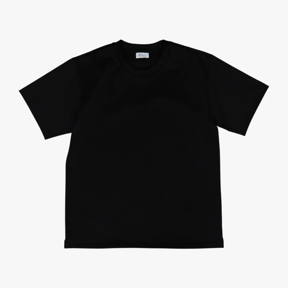 Front view of the Wearlness Fulfilled Dress T-shirts in Black showing the clean silhouette, structured drape, and minimalist design.