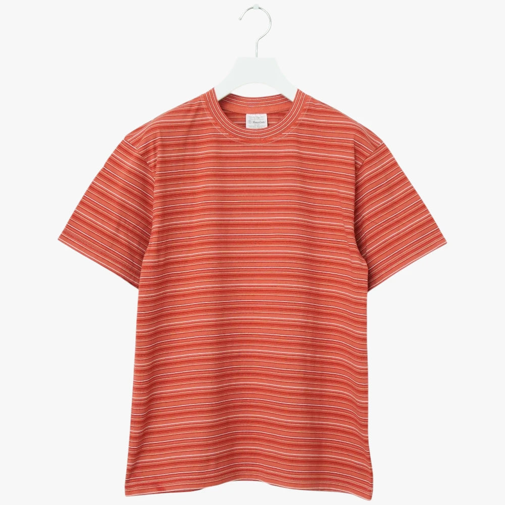 Yonetomi Random Border T-Shirt Terracotta × White Front View