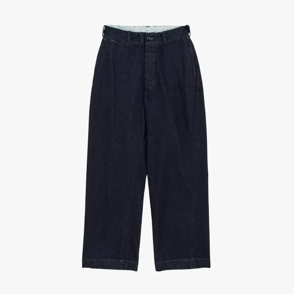 Front view of the Ciota Denim Slacks Navy One Wash showing the tailored silhouette, clean front rise, and deep navy one-wash denim tone.