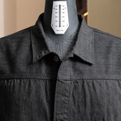 Close-up of the collar and upper chest highlighting black denim texture and button fastening.