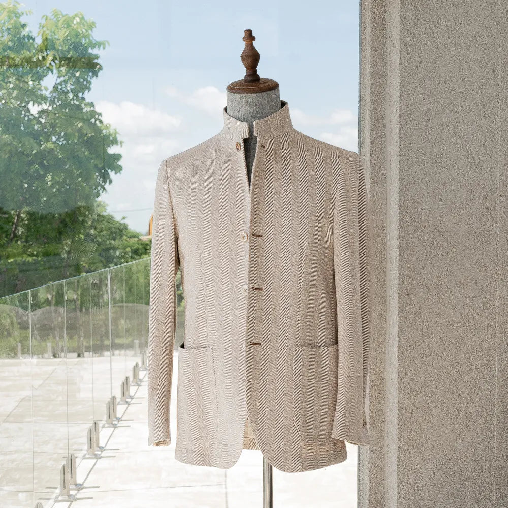 Ring Jacket Stand Collar Jacket Beige Herringbone Front View