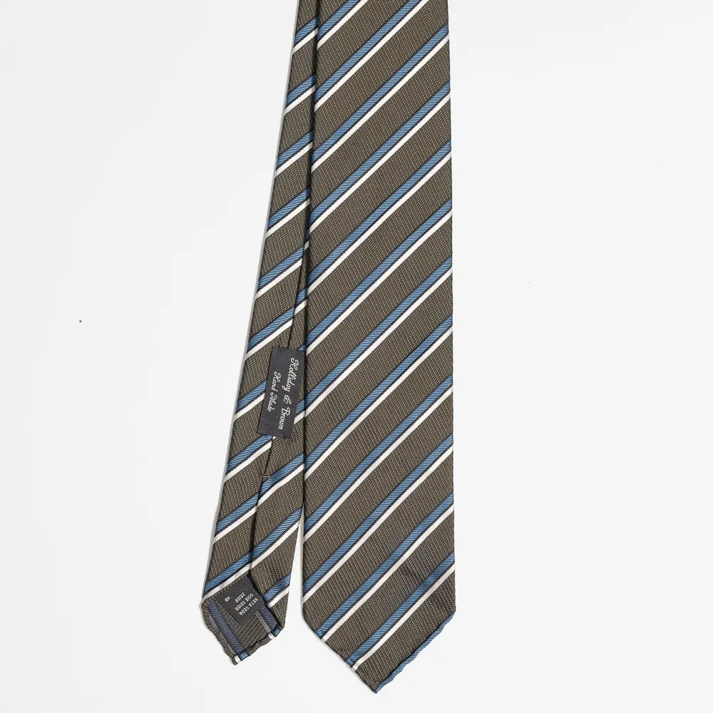 Full view of the Holliday & Brown stripe tie in green and blue showing classic diagonal stripe pattern and refined proportions.