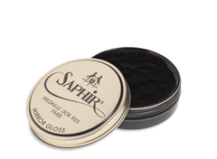 Front view of Saphir Mirror Gloss showing the iconic round metal tin and classic navy-and-gold label.
