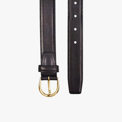 Full view of the TLB Mallorca 1.25-inch belt in black museum calf leather with a brass buckle.