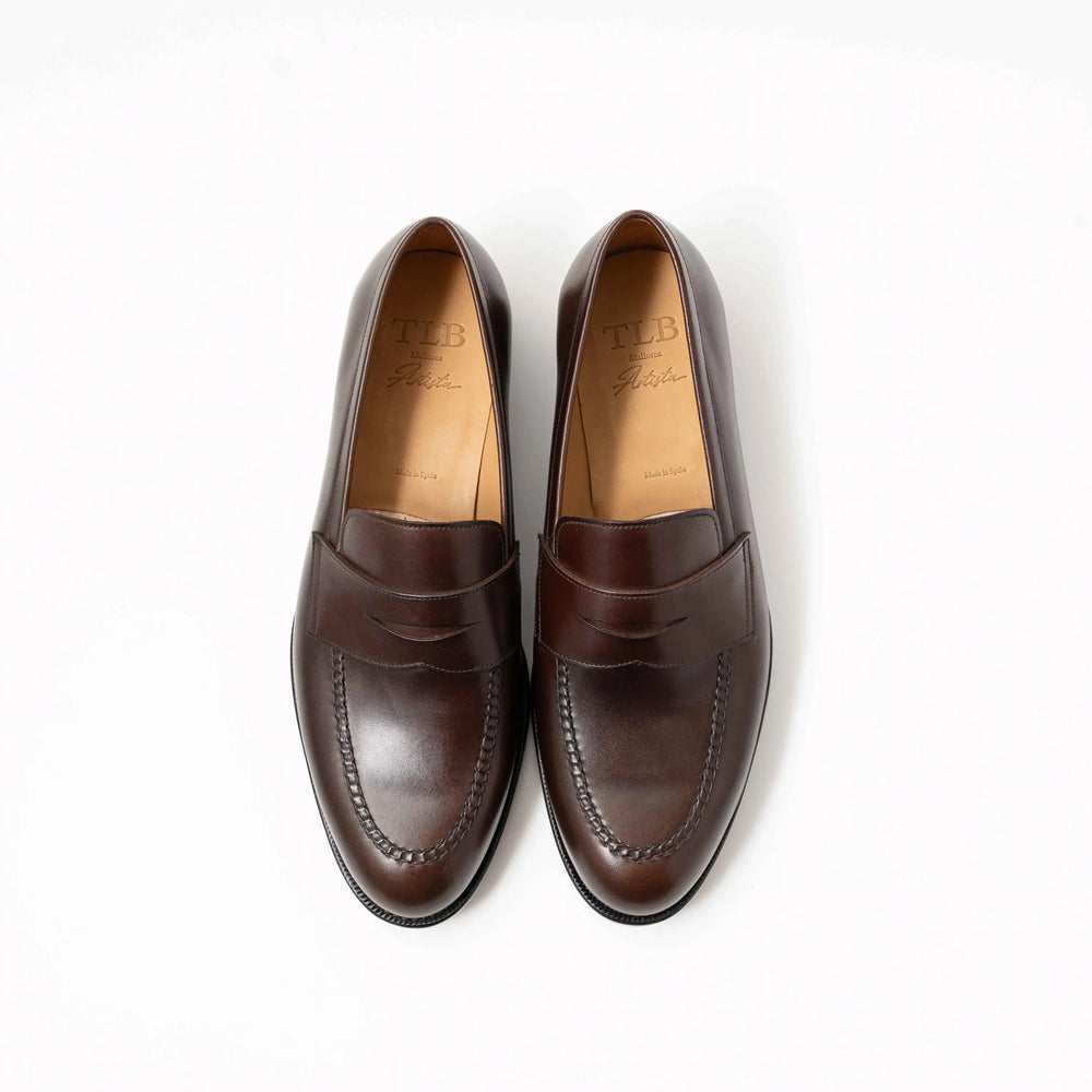 Top-down view of a pair of dark brown penny loafers showing the stitching detail and penny strap design of TLB 315 Jones Penny Loafer.