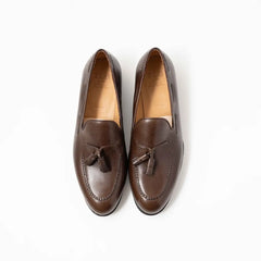 Pair of brown loafers with tassels on a white background