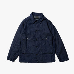 Front view of the A Vontade Naval Utility Jacket in indigo showing the naval-inspired utility design, button-front closure, and structured silhouette.
