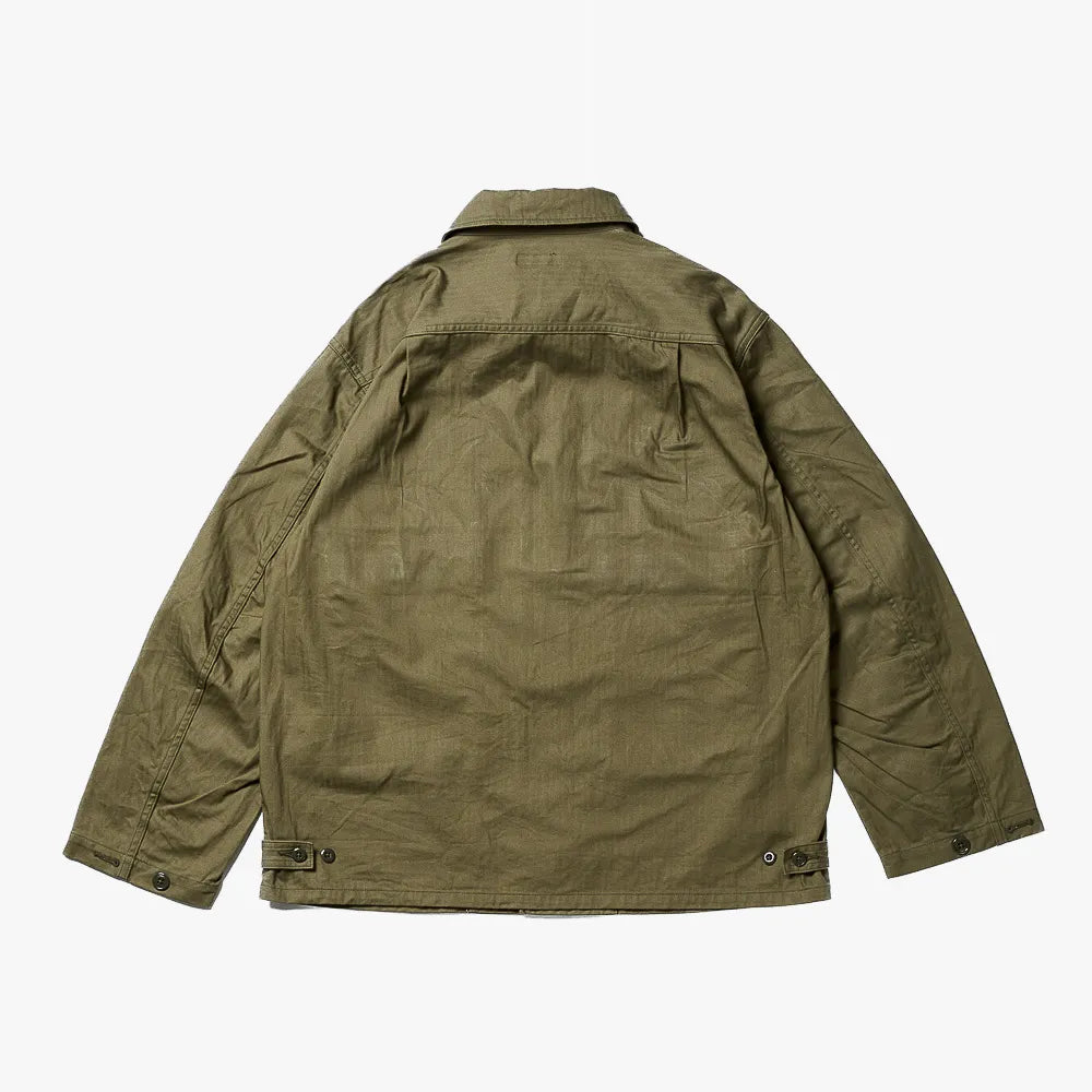 Back view of the A Vontade Naval Utility Jacket in olive highlighting the clean back construction and balanced military proportions.
