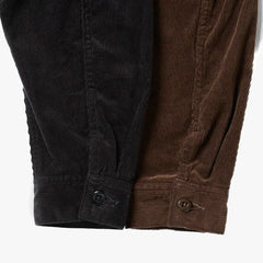 Close-up of the hem and pocket area showing stitching details and the wale texture of black corduroy.