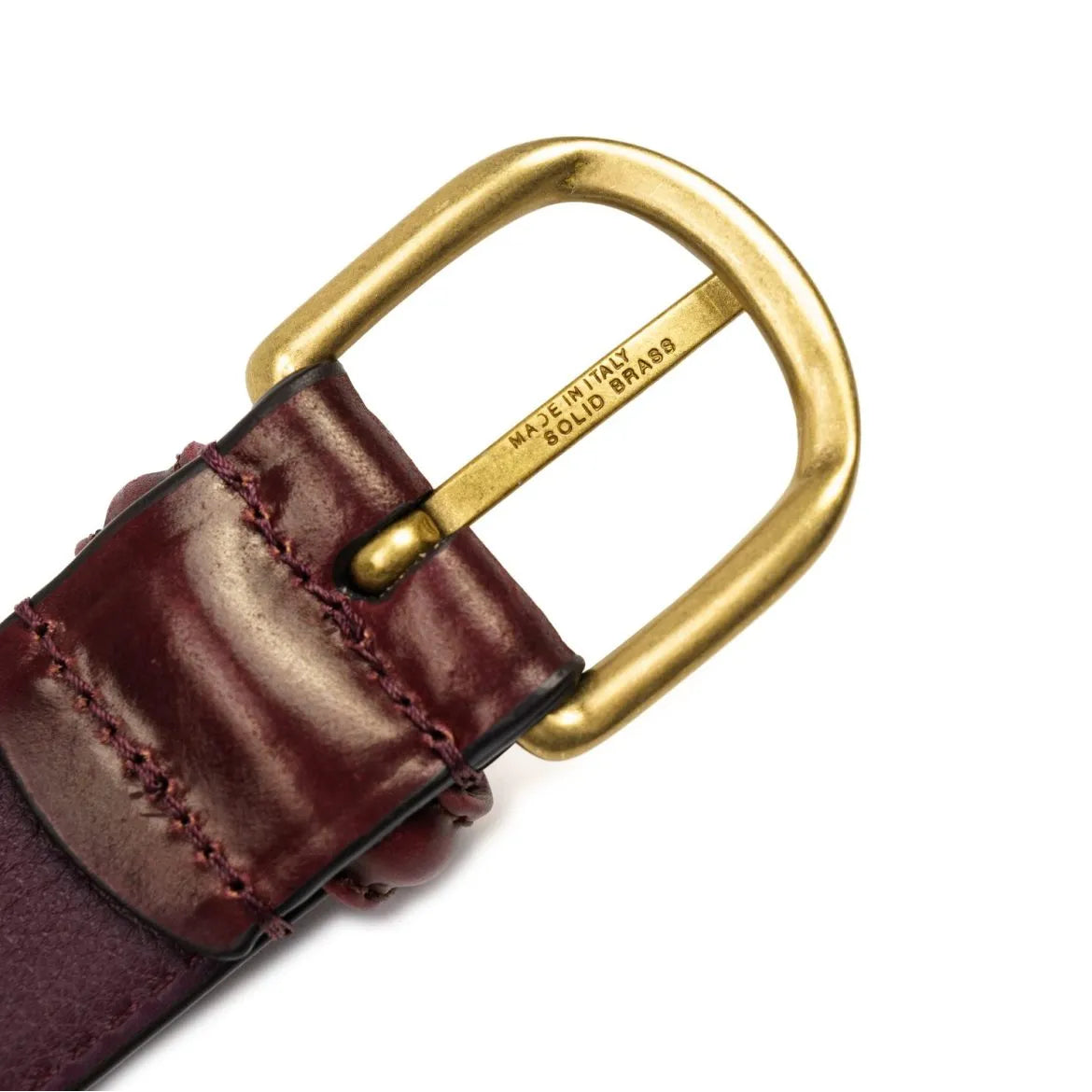 Buckle view of Anderson's Brass Buckle Belt Cordovan Burgundy