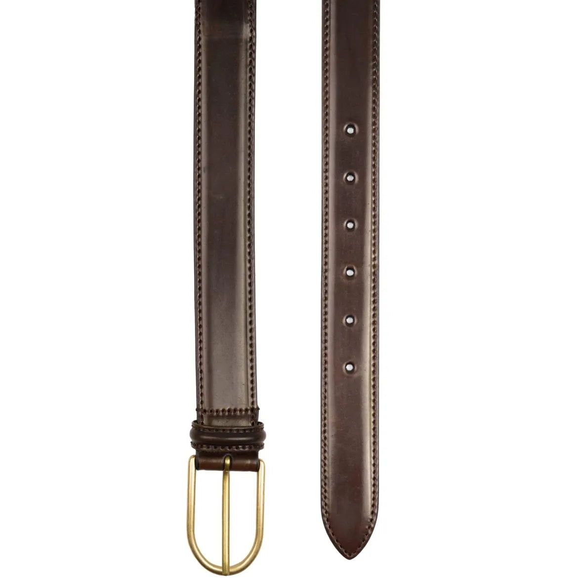 Detailed view of the brass buckle on Anderson's Cordovan Dark Brown Belt