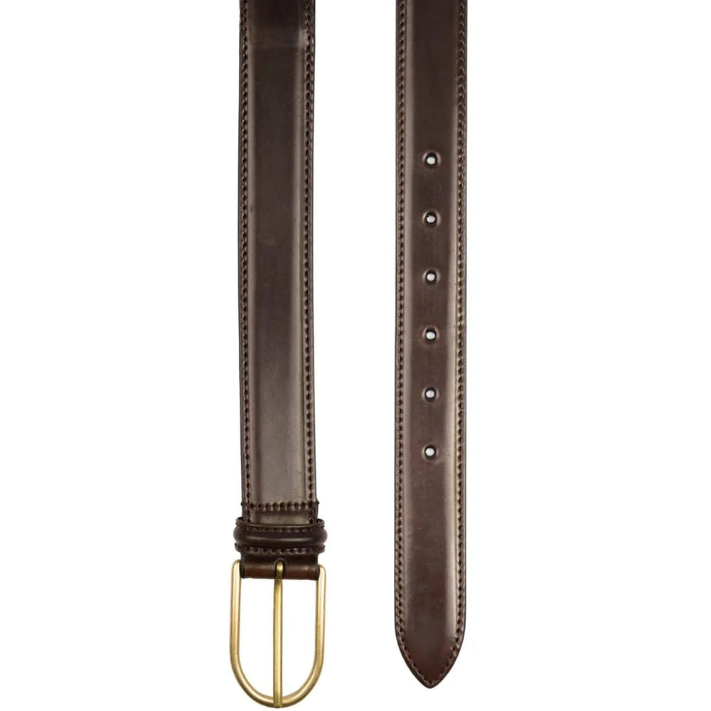 Detailed view of the brass buckle on Anderson's Cordovan Dark Brown Belt
