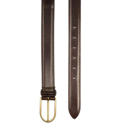 Detailed view of the brass buckle on Anderson's Cordovan Dark Brown Belt