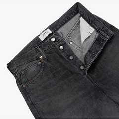 Close-up of the waistband and top button on the Ark Madison Black Jeans showing stitching, hardware, and clean finishing.