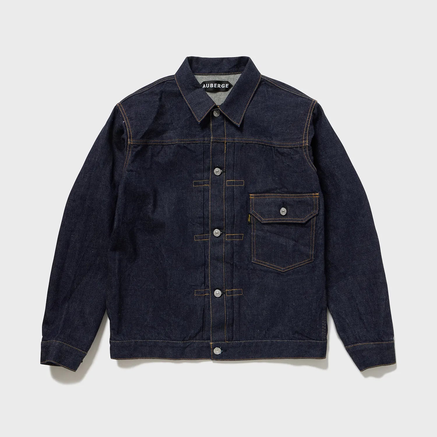 Auberge Bio Denim Jacket Indigo One Wash Front View Japanese Denim Workwear Jacket
