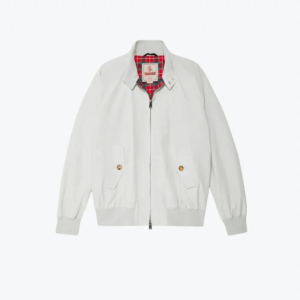 Front view of the Baracuta G9 Harrington Jacket Mist highlighting the classic Harrington silhouette and front pockets.