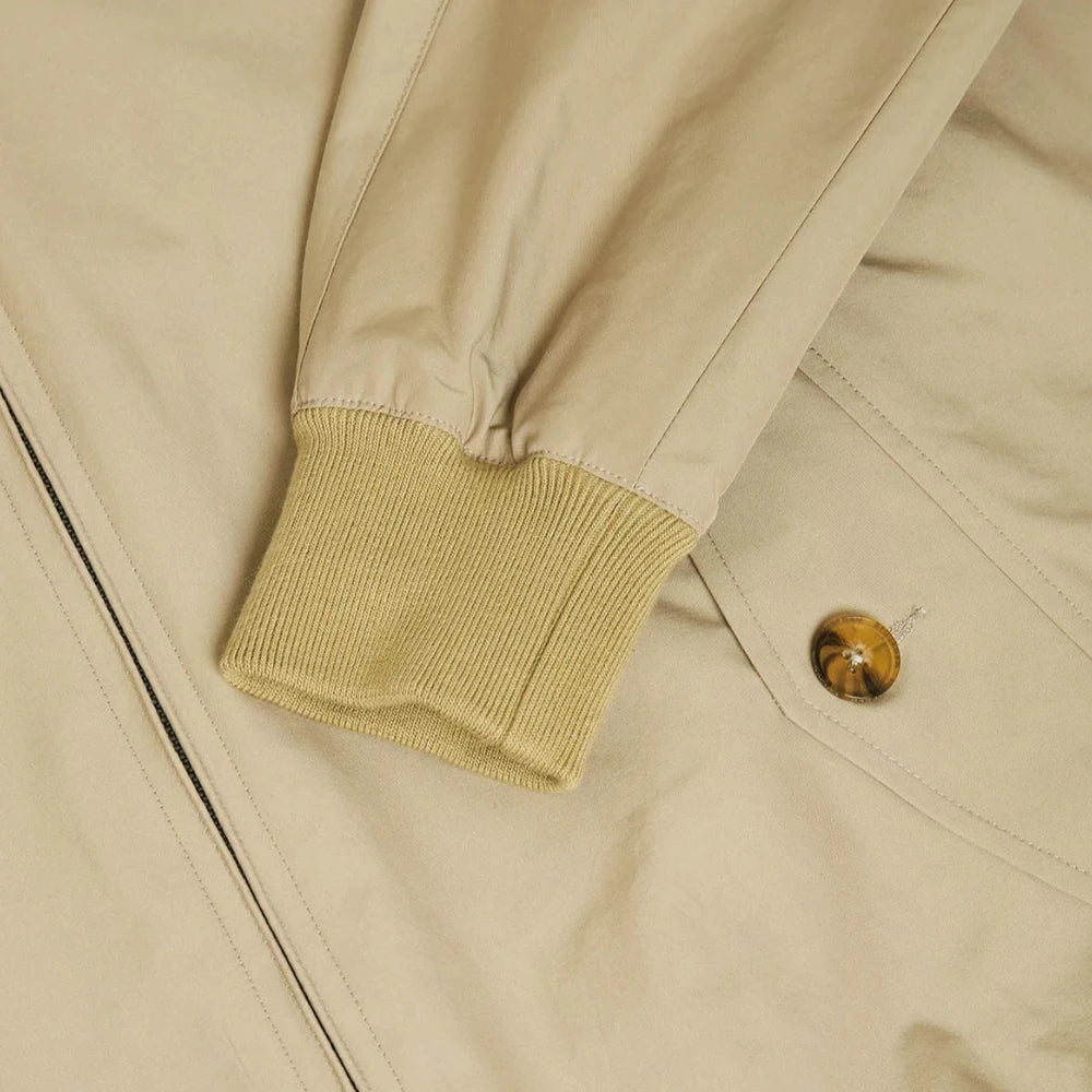 Close-up of the flap pocket showing button closure and refined stitching.