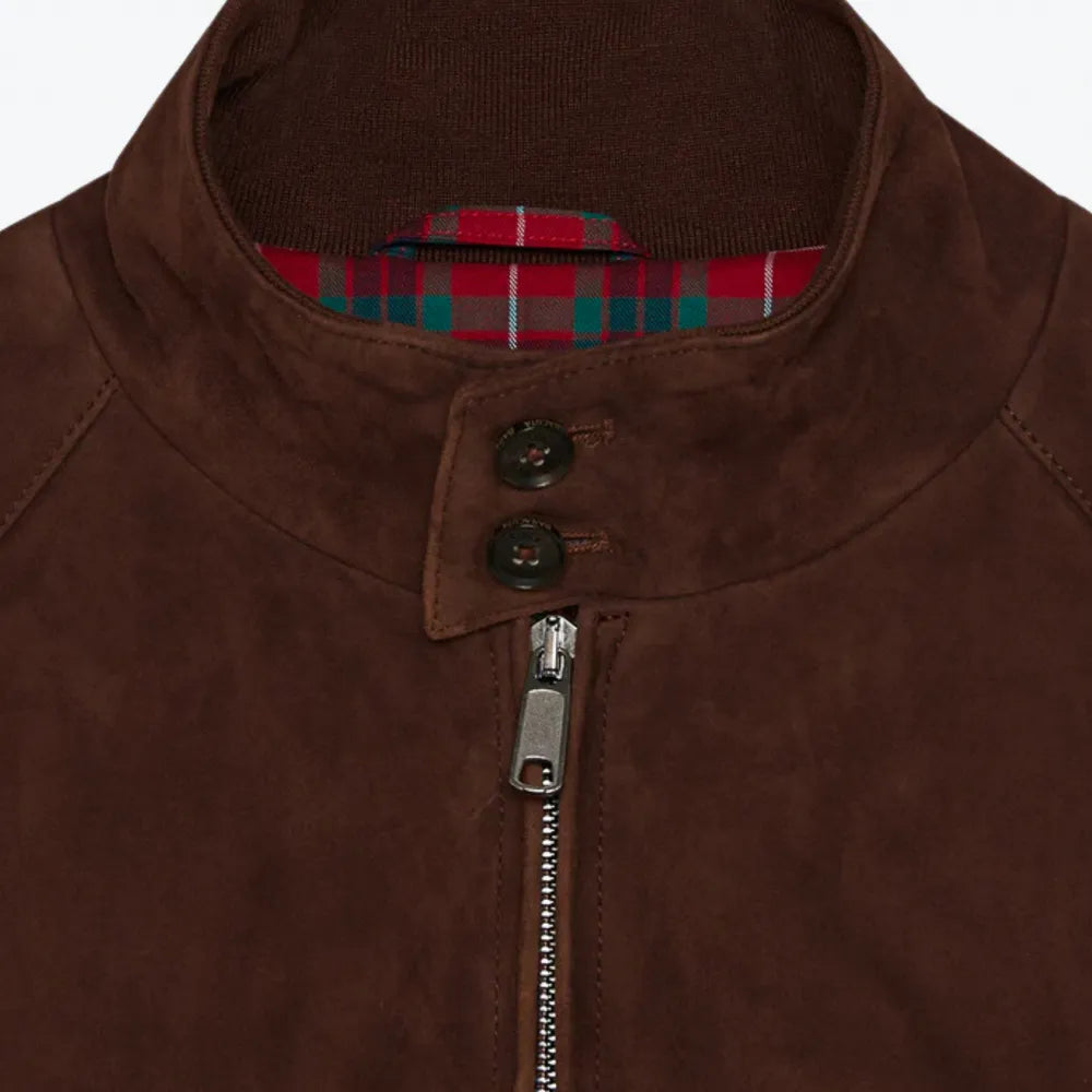 Close-up of the collar of the Baracuta G9 Suede Dark Chocolate showing the ribbed neckline and suede texture.