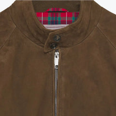 Close-up of the collar of the Baracuta G9 Suede Dark Olive showing the ribbed neckline and suede texture.