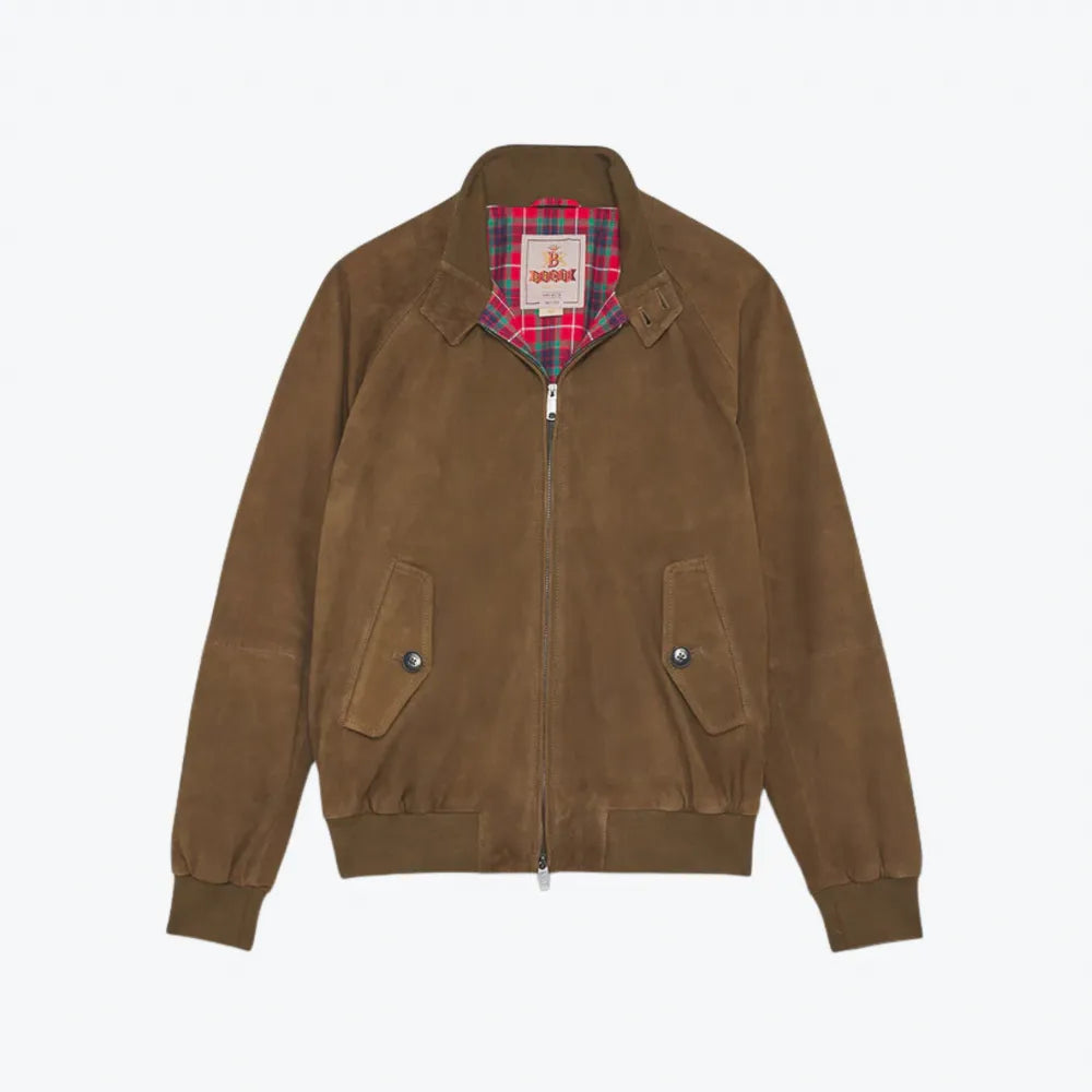 Front view of the Baracuta G9 Suede Dark Olive highlighting the Harrington silhouette and front pockets.