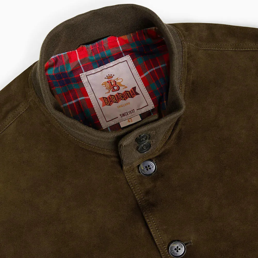 Baracuta Suede Blouson Dark Olive Collar Detail