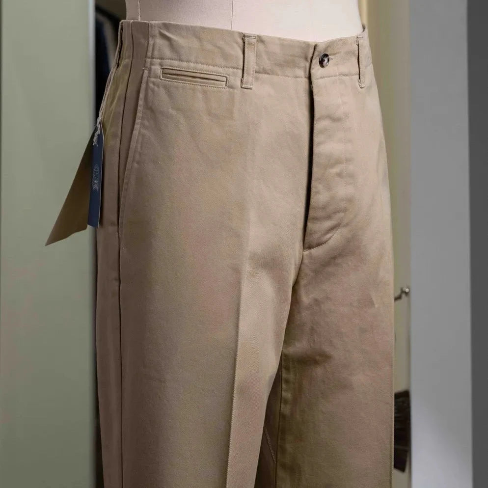 Side profile of the Barnstormer Officer Chino Beige highlighting the straight leg, crease line, and structured officer chino fit.