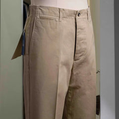 Side profile of the Barnstormer Officer Chino Beige highlighting the straight leg, crease line, and structured officer chino fit.