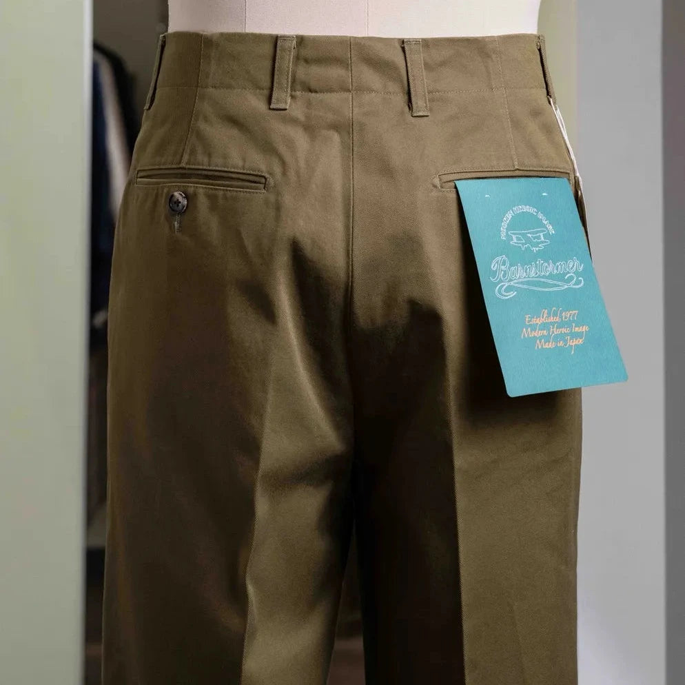 Back view of the Barnstormer Officer Chino Olive showcasing the welt pockets and refined construction.