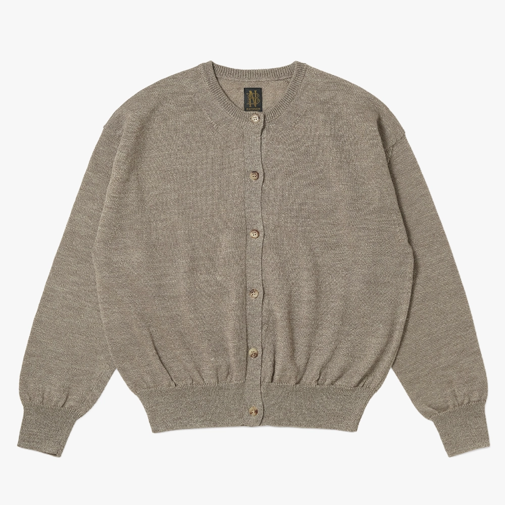 Front view of the Batoner Ramie Wool Crew Neck Cardigan in Beige showing the clean silhouette, button closure, and lightweight ramie–wool knit texture.