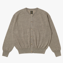 Front view of the Batoner Ramie Wool Crew Neck Cardigan in Beige showing the clean silhouette, button closure, and lightweight ramie–wool knit texture.