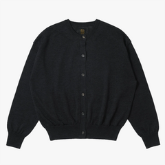 Front view of the Batoner Ramie Wool Crew Neck Cardigan in Black showing the clean silhouette, button closure, and lightweight ramie–wool knit texture.