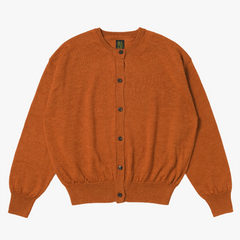 Front view of the Batoner Ramie Wool Crew Neck Cardigan in Brick showing the clean silhouette, button closure, and lightweight ramie–wool knit texture.