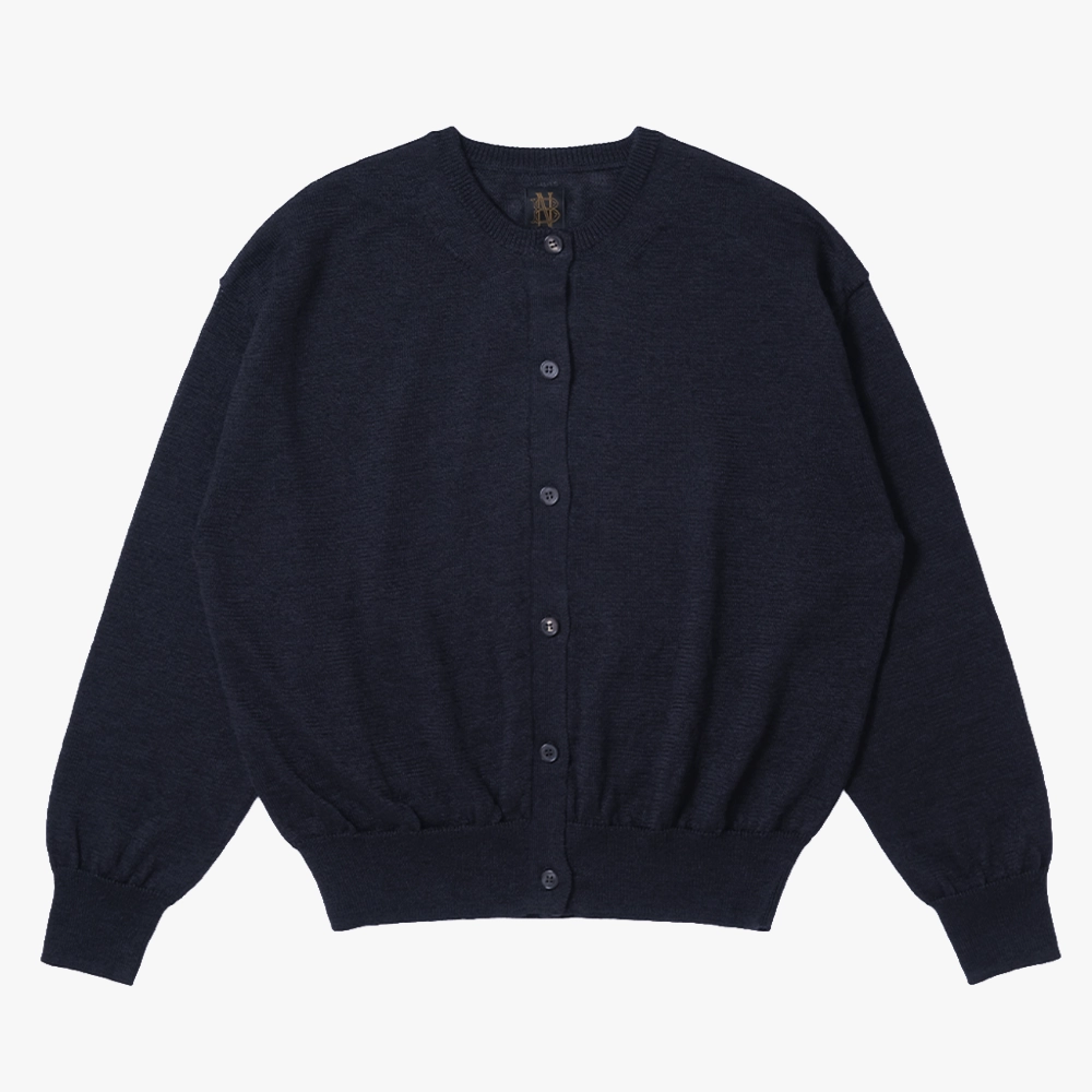 Front view of the Batoner Ramie Wool Crew Neck Cardigan in Navy showing the clean silhouette, button closure, and lightweight ramie–wool knit texture.