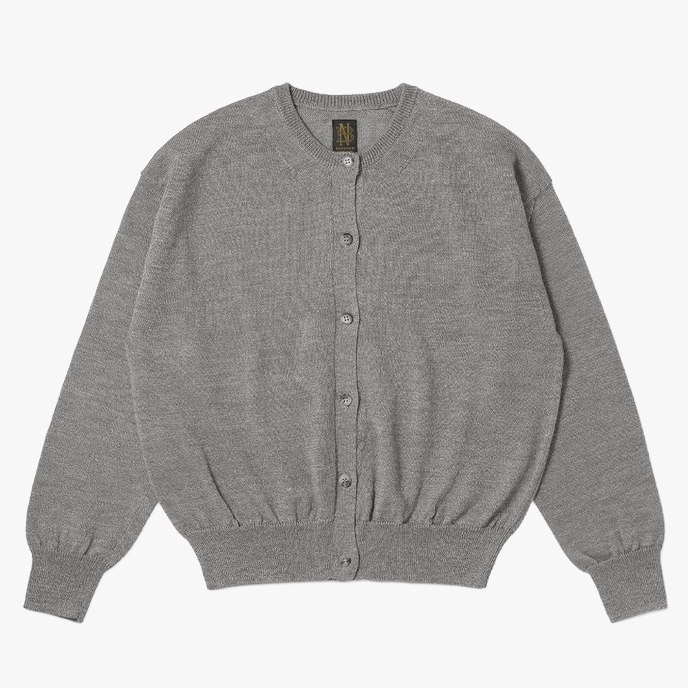 Front view of the Batoner Ramie Wool Crew Neck Cardigan in Olive showing the clean silhouette, button closure, and lightweight ramie–wool knit texture.