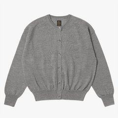 Front view of the Batoner Ramie Wool Crew Neck Cardigan in Olive showing the clean silhouette, button closure, and lightweight ramie–wool knit texture.