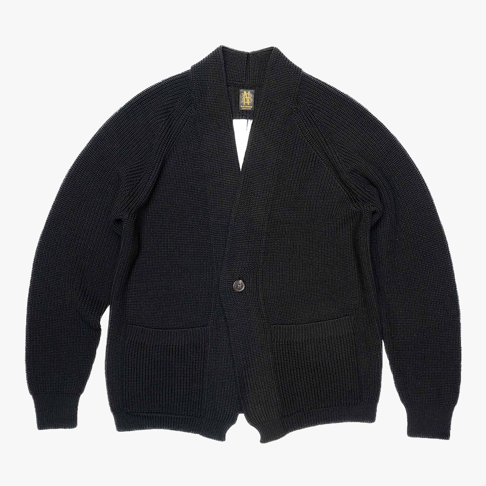 Front view of the Batoner Waso 1 Button Cardigan in Black, showing the relaxed silhouette, single-button closure, and refined knit structure.