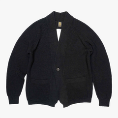 Front view of the Batoner Waso 1 Button Cardigan in Black, showing the relaxed silhouette, single-button closure, and refined knit structure.