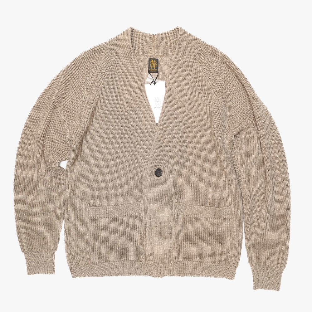 Front view of the Batoner Waso 1 Button Cardigan in Melange Brown showing the relaxed silhouette, soft drape, and single-button closure.